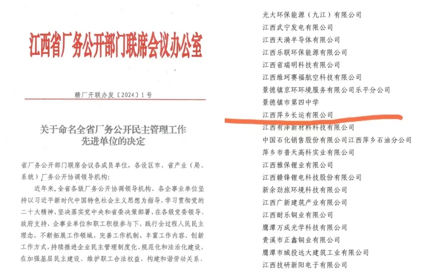 萍鄉(xiāng)長(zhǎng)運(yùn):榮獲“江西省廠務(wù)公開(kāi)民主管理先進(jìn)單位”稱號(hào)